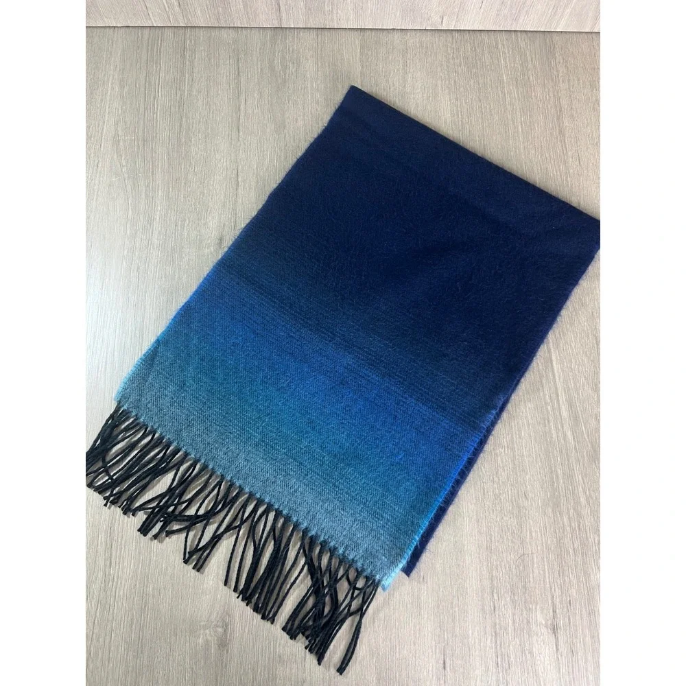 100% Cashmere Scarf Made in Scotland Blue Ombre Gradient Fringed Winter Wrap